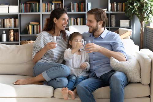 Happy,Young,Couple,Parents,Teaching,Little,Preschool,Daughter,Drinking,Clear